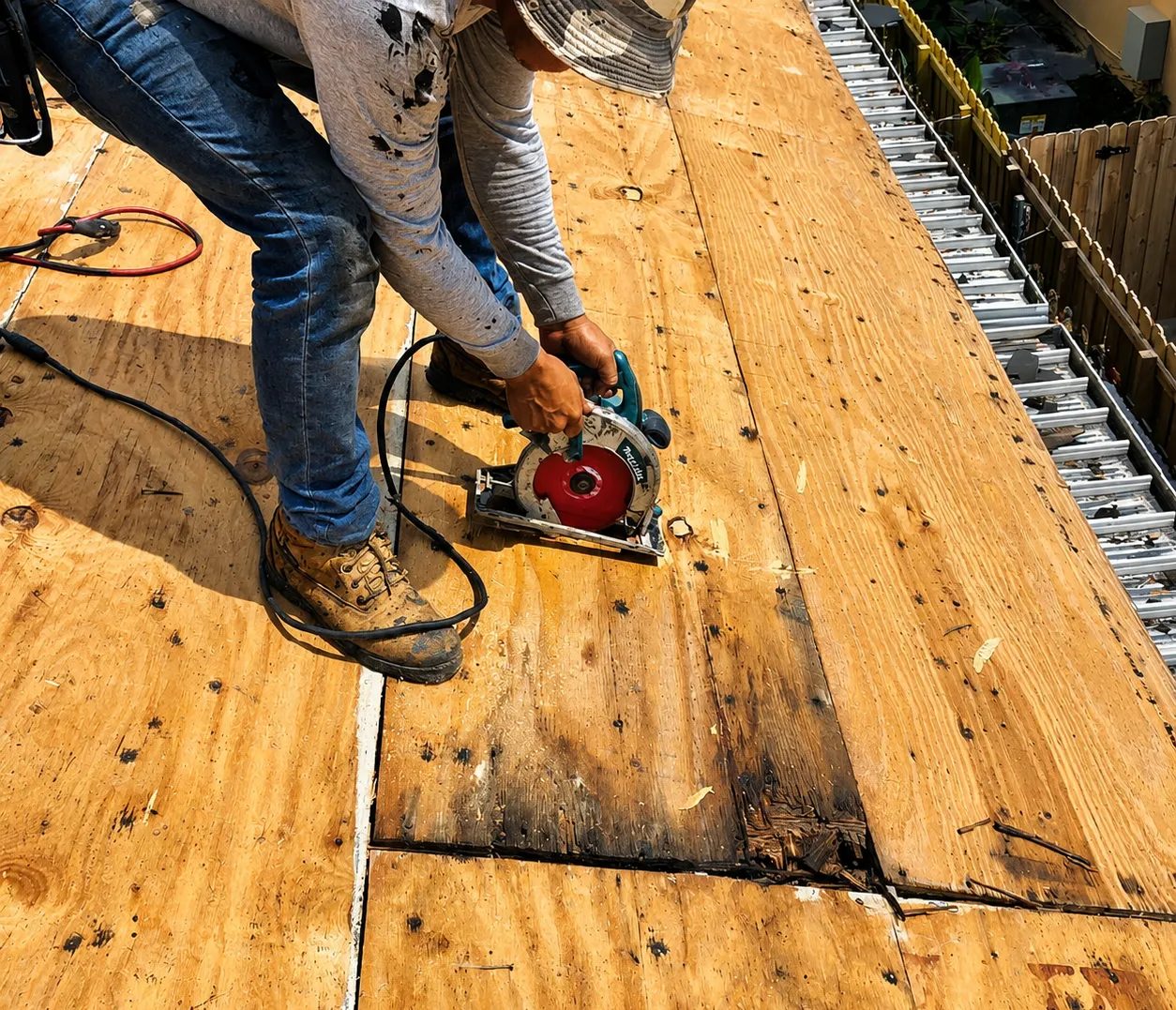 Miembro del equipo de Skymen Roofing cortando madera dañada del techo